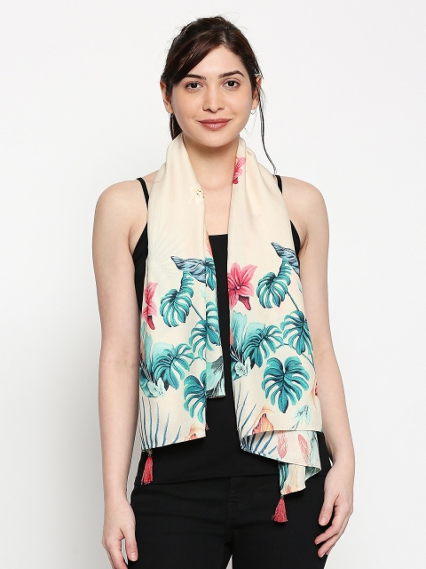 

inocenCia Women Peach-Colored & Blue Printed Scarf, Cream