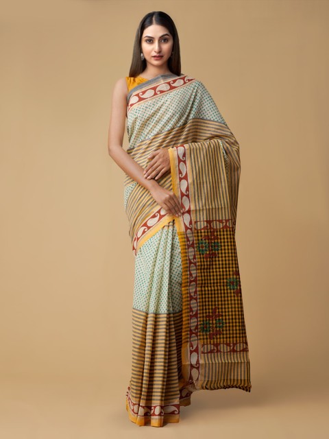 

Unnati Silks Beige Pure Cotton Striped Mangalagiri Sustainable Saree
