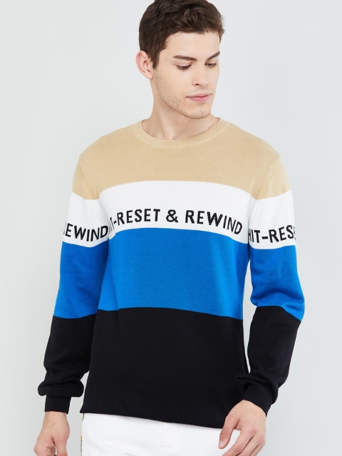 

max Men Beige Blue Colourblocked Cotton Round Neck Pure Cotton T-shirt
