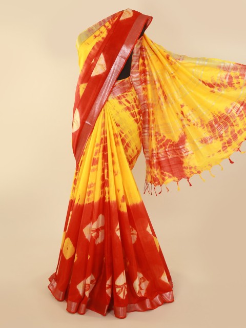 

Pothys Yellow & Red Linen Blend Printed Saree with Jhalar Pallu