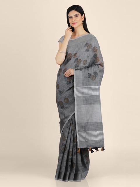 

KAJREE Grey Pure Linen Striped Tussar Saree