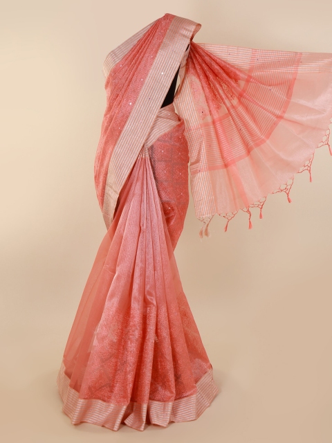 

Pothys Peach-Coloured Embroidered Tissue Saree