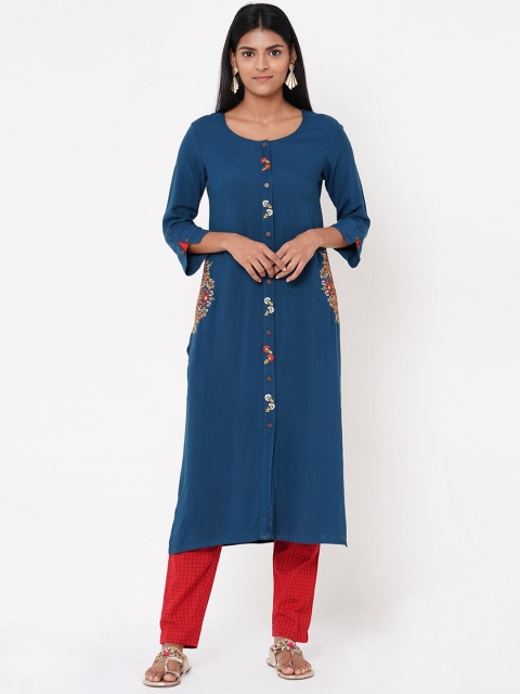 

FASHOR Women Teal Blue Embroidered Straight Kurta