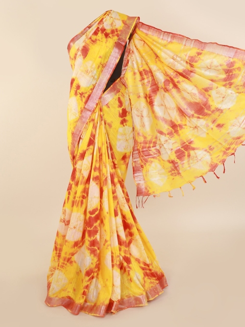 

Pothys Yellow & Red Linen Blend Printed Saree with Zari Border