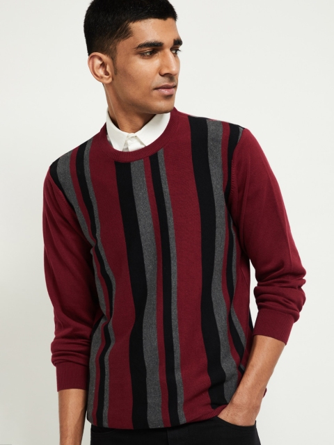 

max Men Maroon Striped Round Neck T-shirt