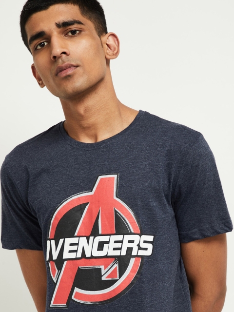 

max Men Navy Blue Printed Round Neck T-shirt