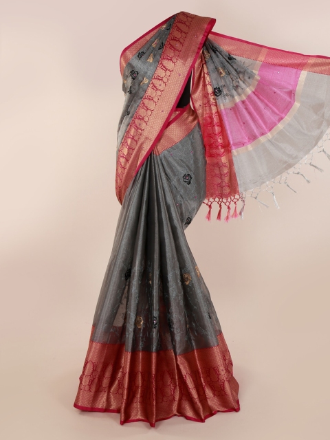 

Pothys Grey & Red Tissue Embroidered Saree with Jhalar Pallu