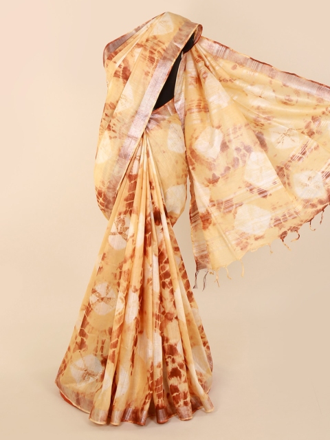 

Pothys Cream-Coloured Printed Linen Blend Saree with Zari Border