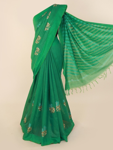 

Pothys Green Embroidered Linen Blend Saree