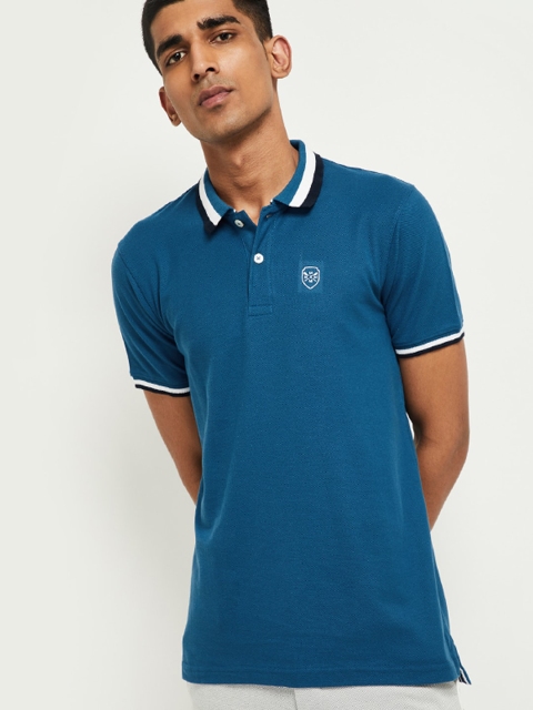 

max Men Blue Solid Polo Collar T-shirt