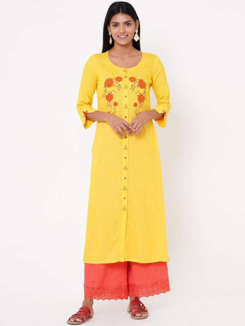 

FASHOR Women Yellow & Orange Embroidered A-Line Kurta