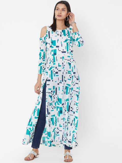 

Vedic Women White & Sea Green Printed A-Line Kurta