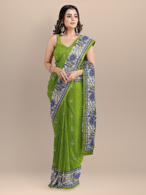 

BharatSthali Green & Blue Pure Silk Printed Tussar Handloom Sustainable Saree