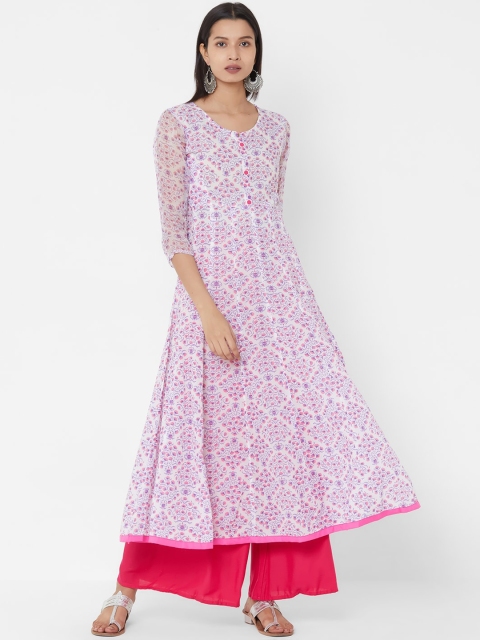 

Vedic Women Cream-Coloured & Purple Printed Cotton Anarkali Kurta