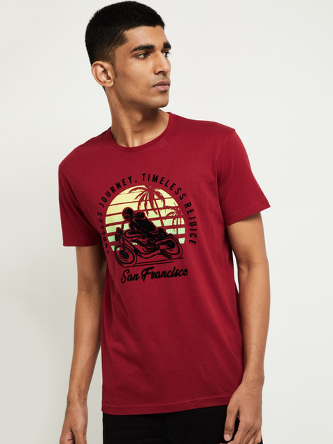 

max Men Red Printed Round Neck T-shirt
