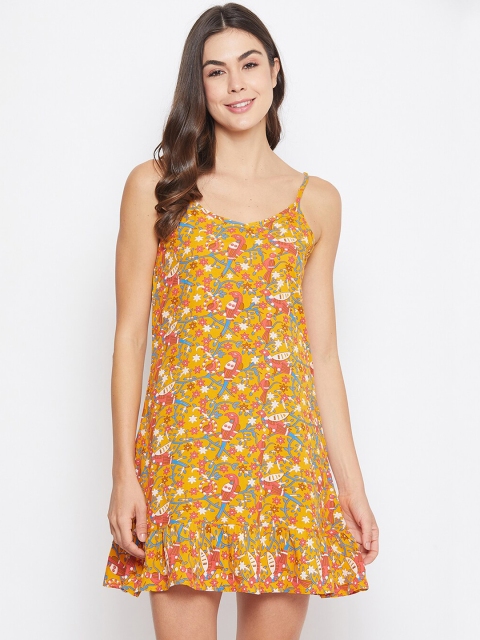 

Clovia Women Mustard Yellow & Blue Printed Babydoll
