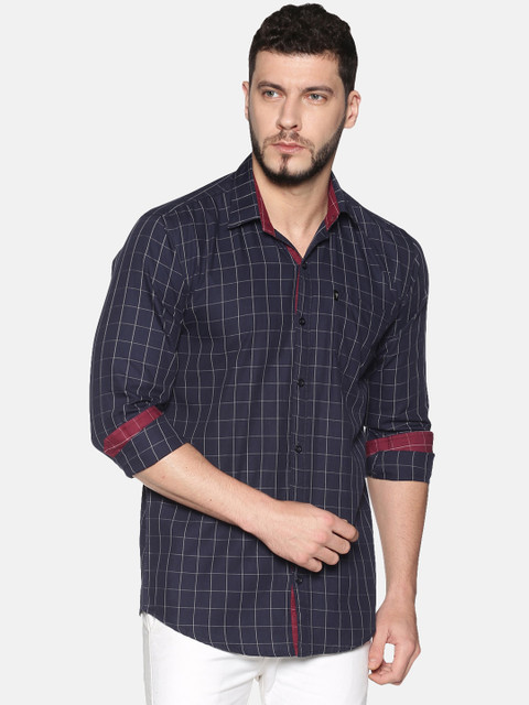 

LEVIZO Men Navy Blue & Off-White Regular Fit Checked Casual Shirt