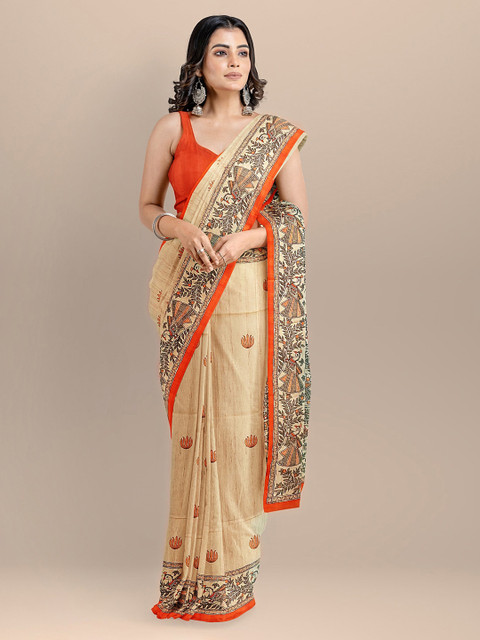 

BharatSthali Beige Silk Cotton Printed Tussar Sustainable Saree