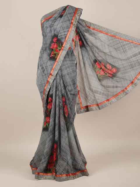 

Pothys Grey Printed Poly Chiffon Saree with Zari Border