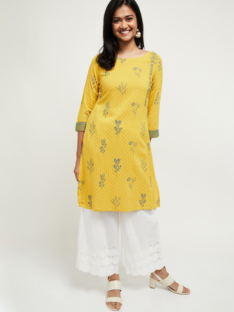 

max Women Floral Printed Straight Kurta, Mustard