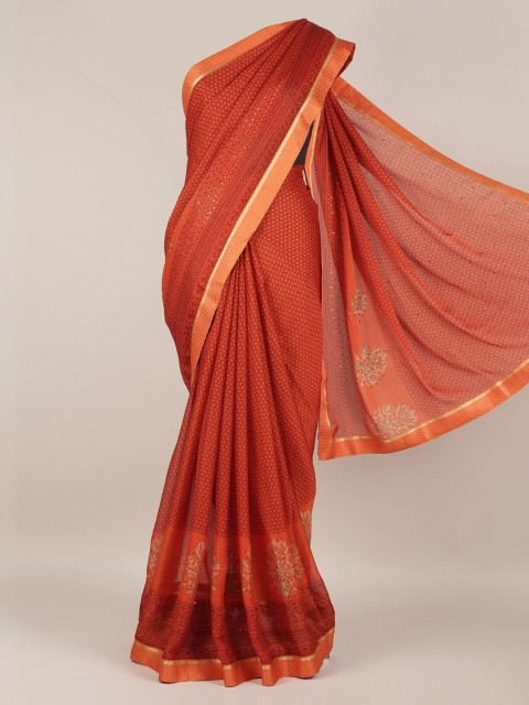 

Pothys Orange Printed Poly Chiffon Saree