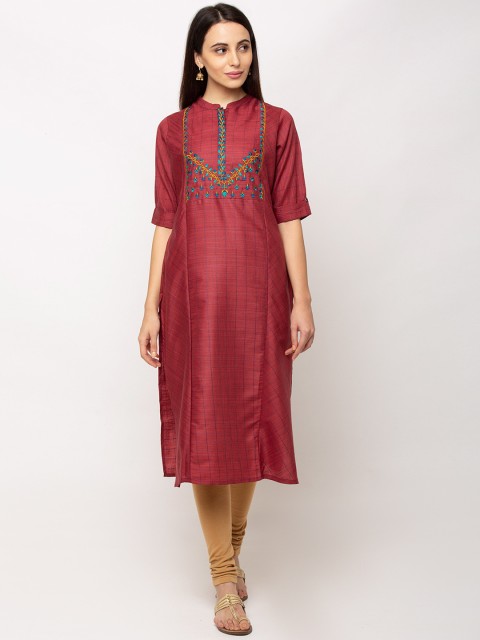 

TANKHI Women Maroon Embroidered Straight Kurta