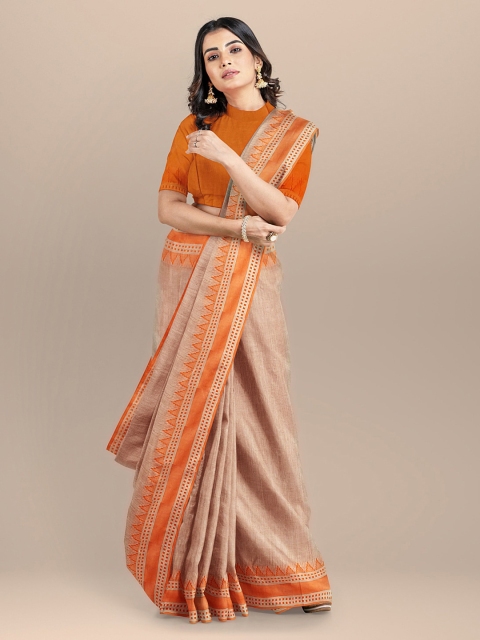 

BharatSthali Beige Pure Cotton Woven Design Handloom Maheshwari Saree
