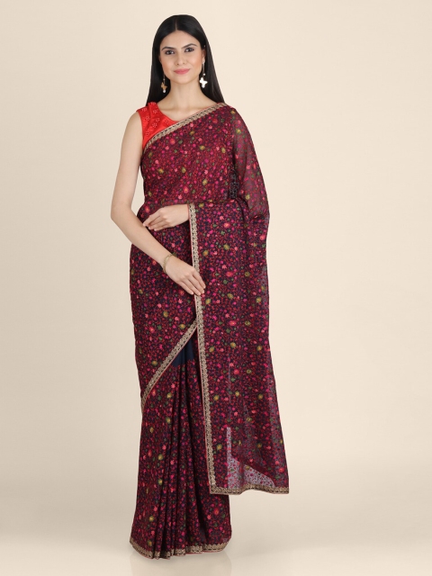 

KAJREE Navy Blue & Red Pure Georgette Embroidered Jamdani Handloom Saree
