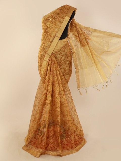 

Pothys Gold-Toned Printed Tissue Saree with Zari Border