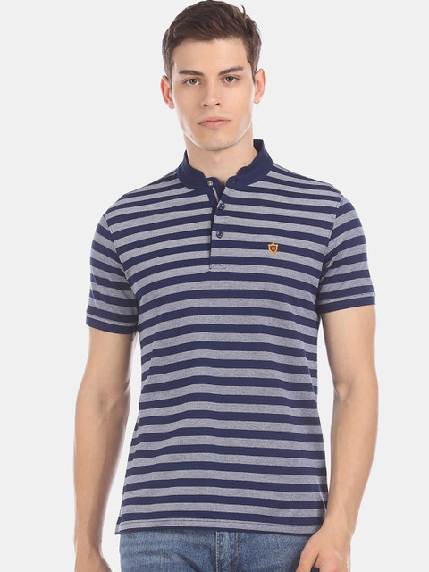 

True Blue Men Navy Blue Striped Polo Collar T-shirt
