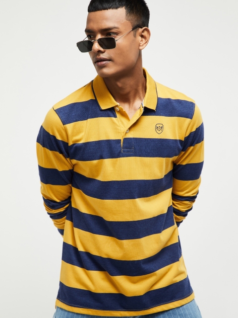 

max Men Yellow & Navy Blue Striped Polo Collar T-shirt