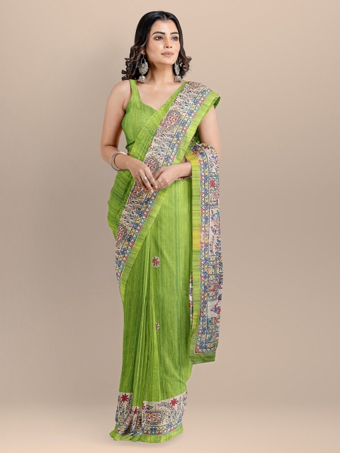 

BharatSthali Green & Cream-Coloured Silk Cotton Printed Tussar Sustainable Saree