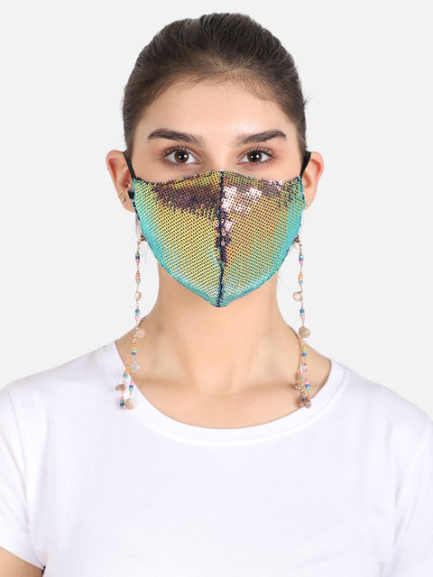 

Anekaant Women Multicolored Embellished 3-Ply Reusable Cloth Mask With Lanyard Chain, Multi