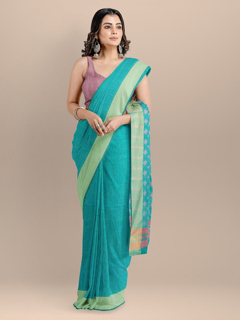 

BharatSthali Turquoise Blue Silk Cotton Woven Design Jamdani Sustainable Saree