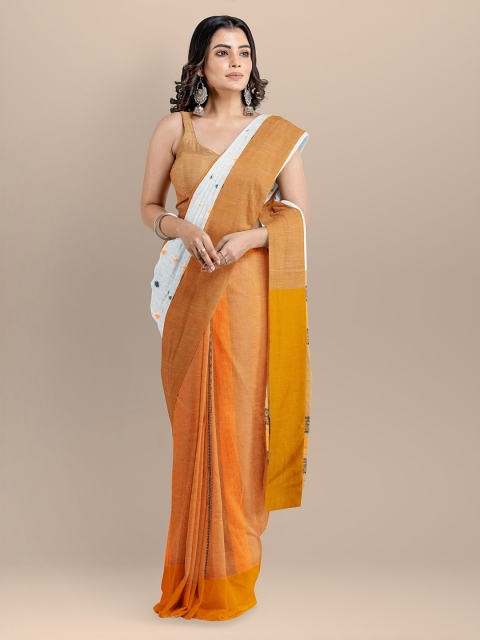 

BharatSthali White & Mustard Yellow Pure Cotton Woven Design Taant Saree