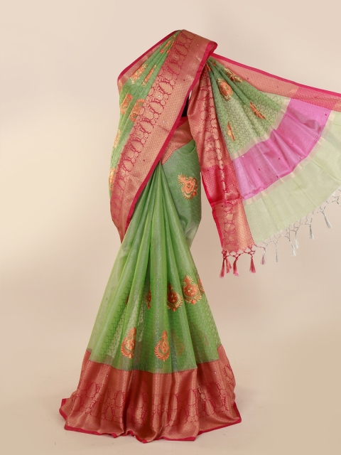 

Pothys Green & Pink Tissue Embroidered Saree