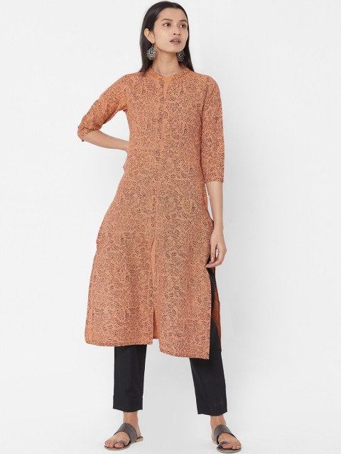 

Vedic Women Orange & Black Printed Straight Kurta