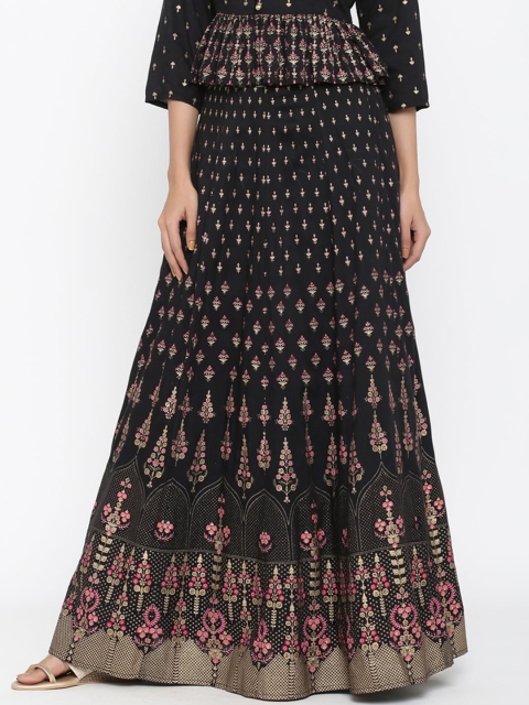 

Juniper Women Black & Gold-Coloured Printed Flared Maxi Skirt