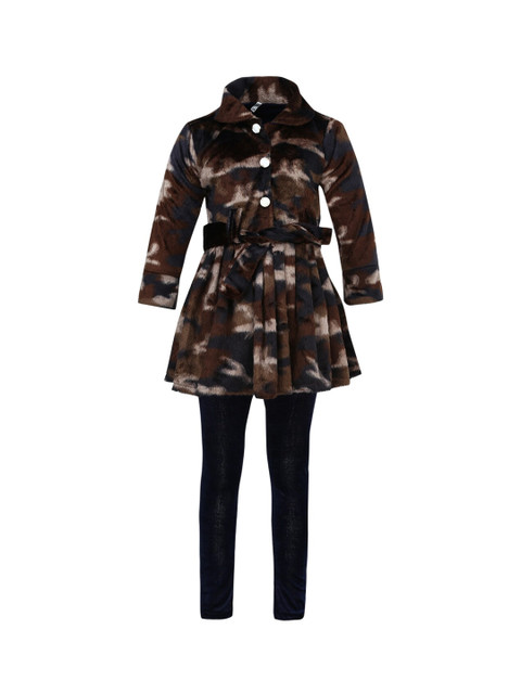 

Aarika Girls Brown & Black Printed Woollen Coat With Leggings
