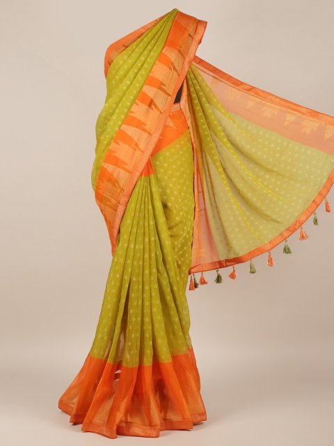 

Pothys Green & Orange Poly Chiffon Woven Design Saree with Jhalar Pallu