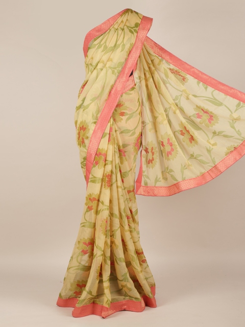 

Pothys Mustard & Green Poly Chiffon Floral Printed Saree with Zari Border