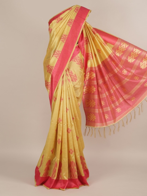 

Pothys Yellow & Pink Jute Silk Woven Design Saree with Jhalar Pallu