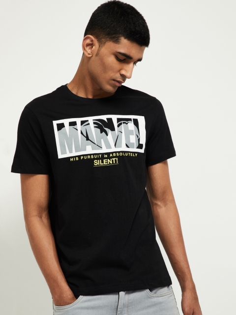 

max Men Black Marvel Printed Round Neck T-shirt