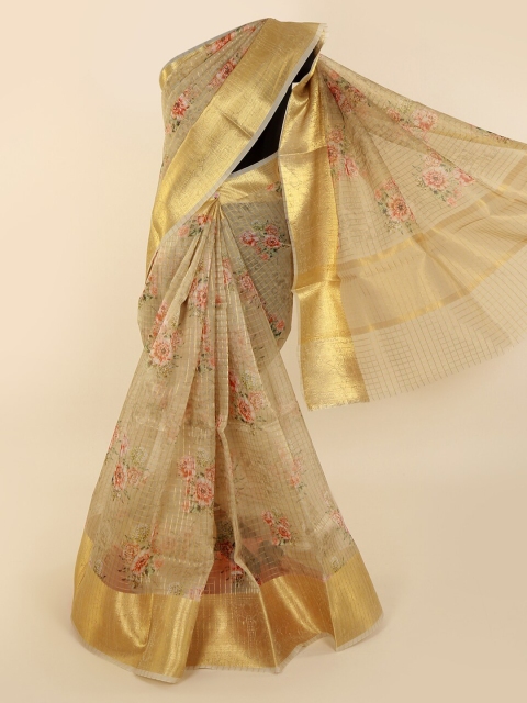 

Pothys Cream-Coloured & Gold-Toned Supernet Printed Saree