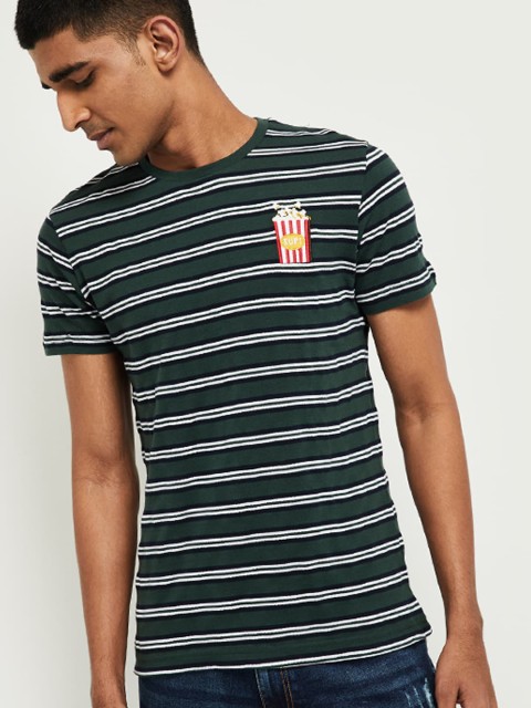 

max Men Green Off-White Striped Round Neck Pure Cotton T-shirt