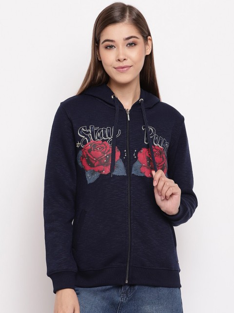 

Miss Grace Women Navy Blue Printed Hooded Sweatshirt