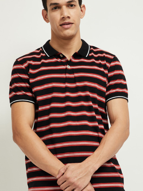 

max Men Black & Red Striped Polo Collar T-shirt