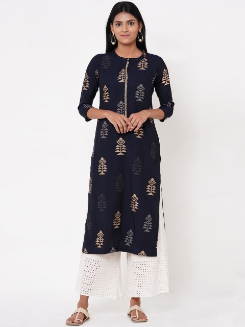 

FASHOR Women Navy Blue & Gold-Coloured Foil Printed Straight Kurta