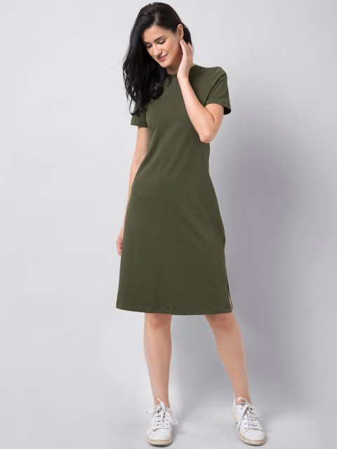 

FabAlley Women Olive Green Solid T-shirt Dress