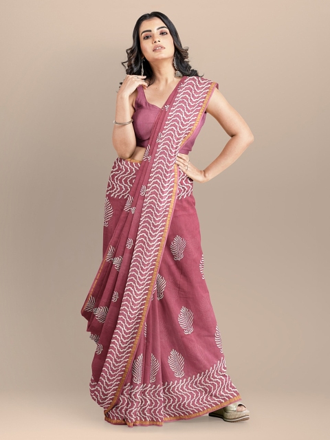 

BharatSthali Pink Silk Cotton Printed Handloom Chanderi Saree